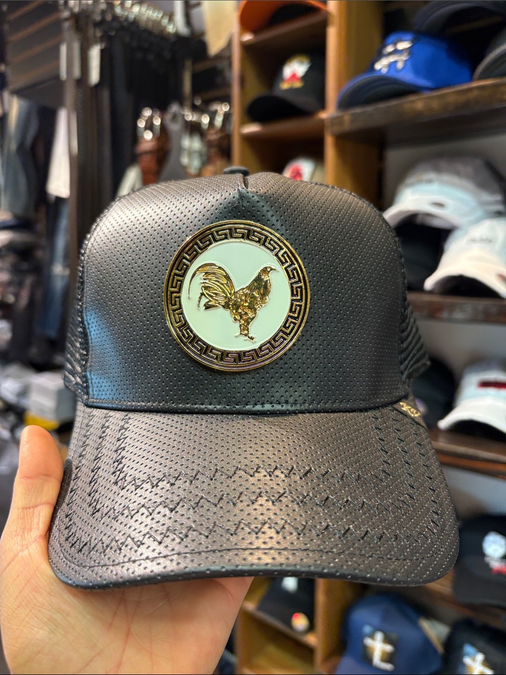 Men's Black Perforated Leather-Look Trucker Cap with Gold Rooster Emblem